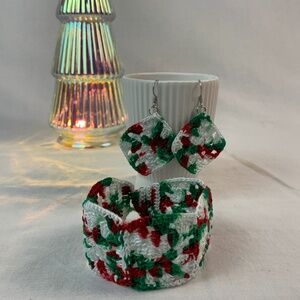 Micro Crochet Bracelet and Earring Set - Red, Green, White